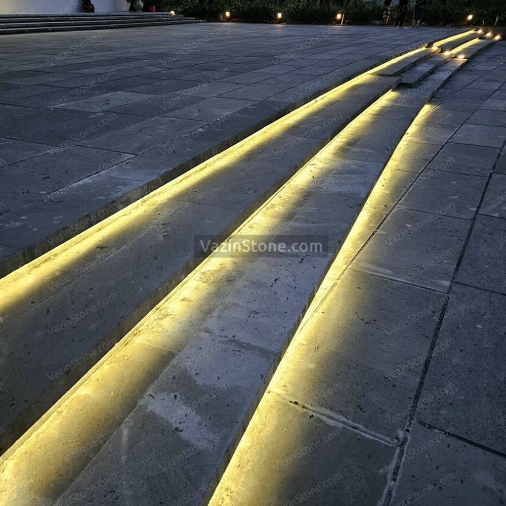 سنگ بازالت در پله با نور مخفی