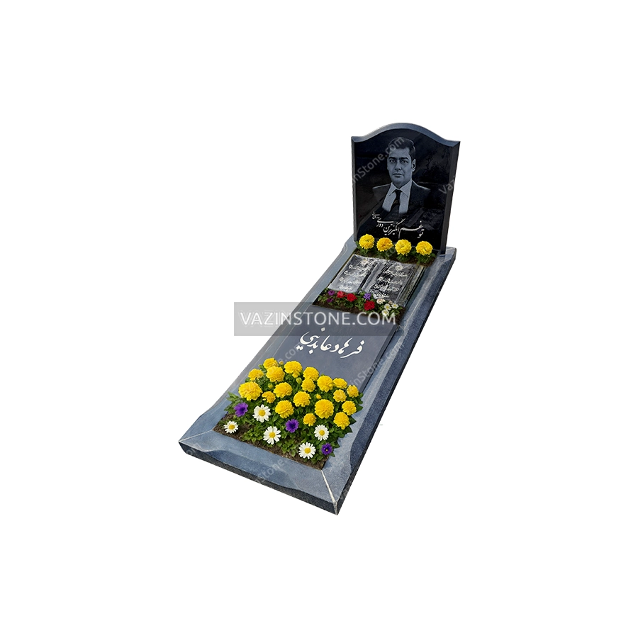 عکس سنگ مزار مشکی کتاب و باغچه