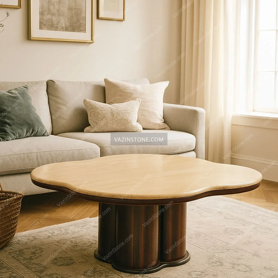 میز جلو مبلی شبدر با پایه چوبی و رویه سنگی