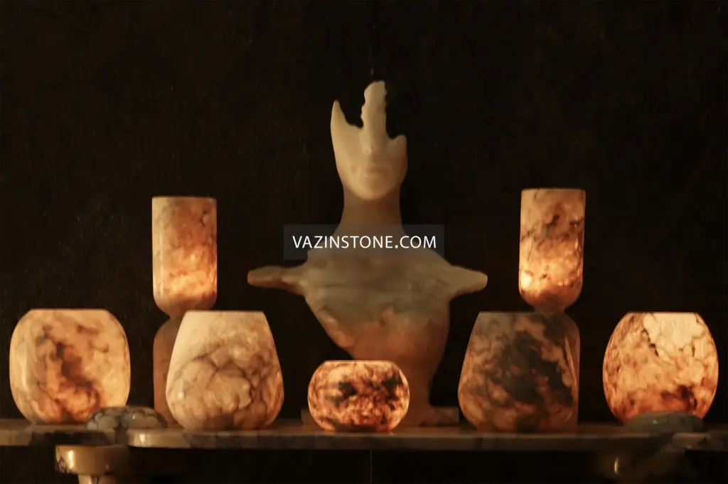 عکس جا شمعی و مجسمه سنگی از سنگ آلاباستر